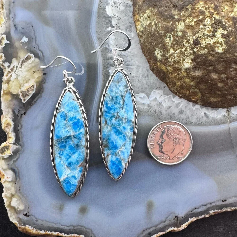 Sterling SW Style Elongated Marquise Blue Apatite Dangle Earrings For Women